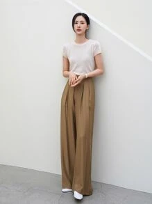 DAZY Solid Wide Leg Trousers - Khaki - View 5