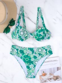 SHEIN Swim Summer Beach Floral Print Knot Back Underwire Bikini Set - Green - View 4