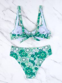SHEIN Swim Summer Beach Floral Print Knot Back Underwire Bikini Set - Green - View 5
