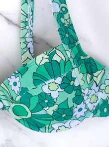 SHEIN Swim Summer Beach Floral Print Knot Back Underwire Bikini Set - Green - View 6