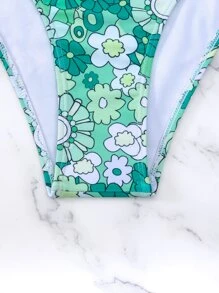 SHEIN Swim Summer Beach Floral Print Knot Back Underwire Bikini Set - Green - View 7