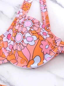 SHEIN Swim Summer Beach Floral Print Knot Back Underwire Bikini Set - Pink - View 6