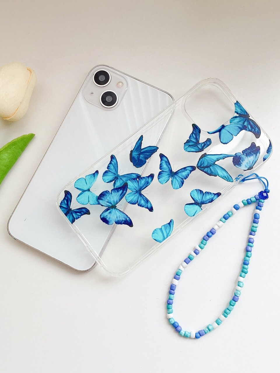 Butterfly Painted Clear Phone Case With Beaded Lanyard