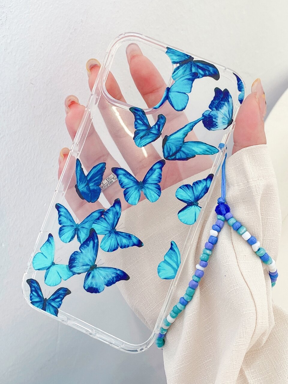 Butterfly Painted Clear Phone Case With Beaded Lanyard