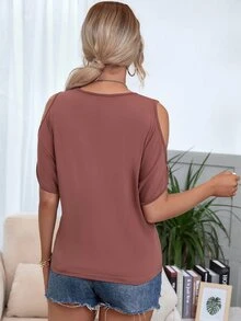 Cold Shoulder Button Front Tee - Dusty Pink - View 3