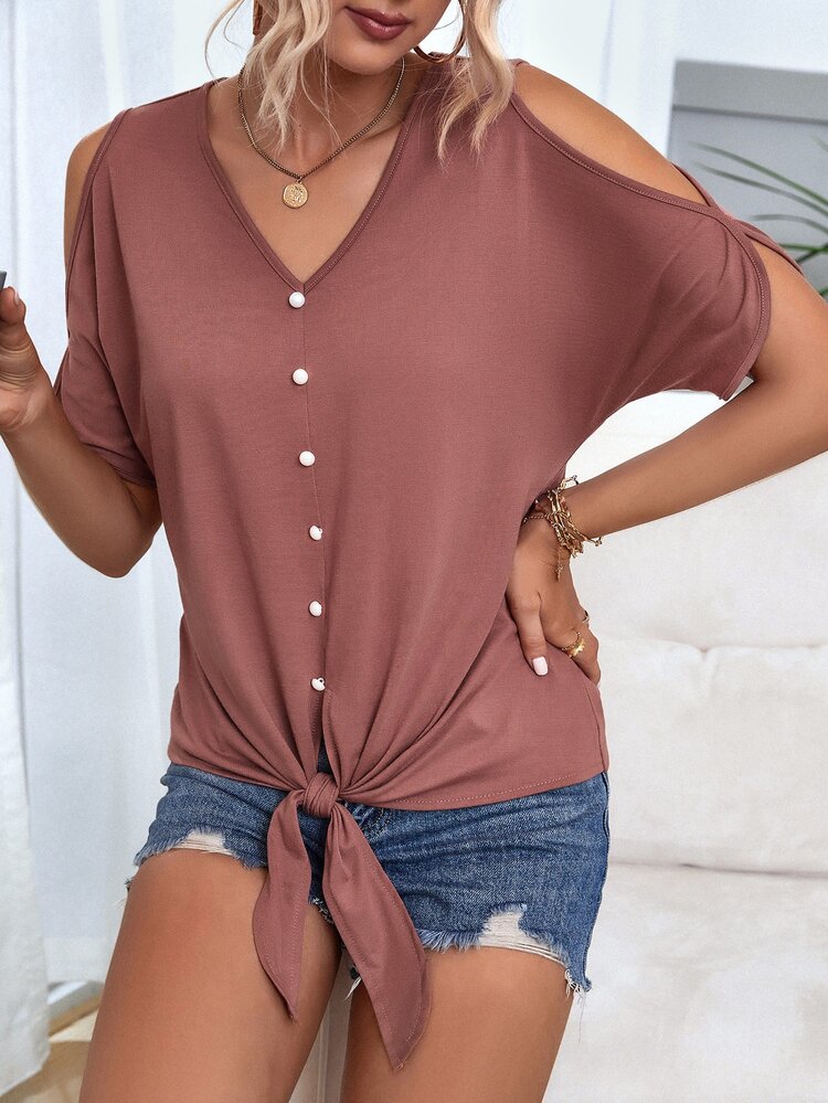 Cold Shoulder Button Front Tee - Dusty Pink - View 4