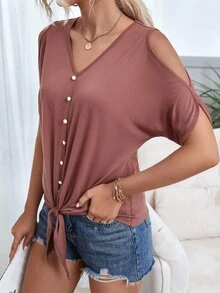 Cold Shoulder Button Front Tee - Dusty Pink - View 5