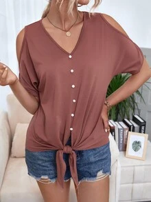 Cold Shoulder Button Front Tee - Dusty Pink - View 1