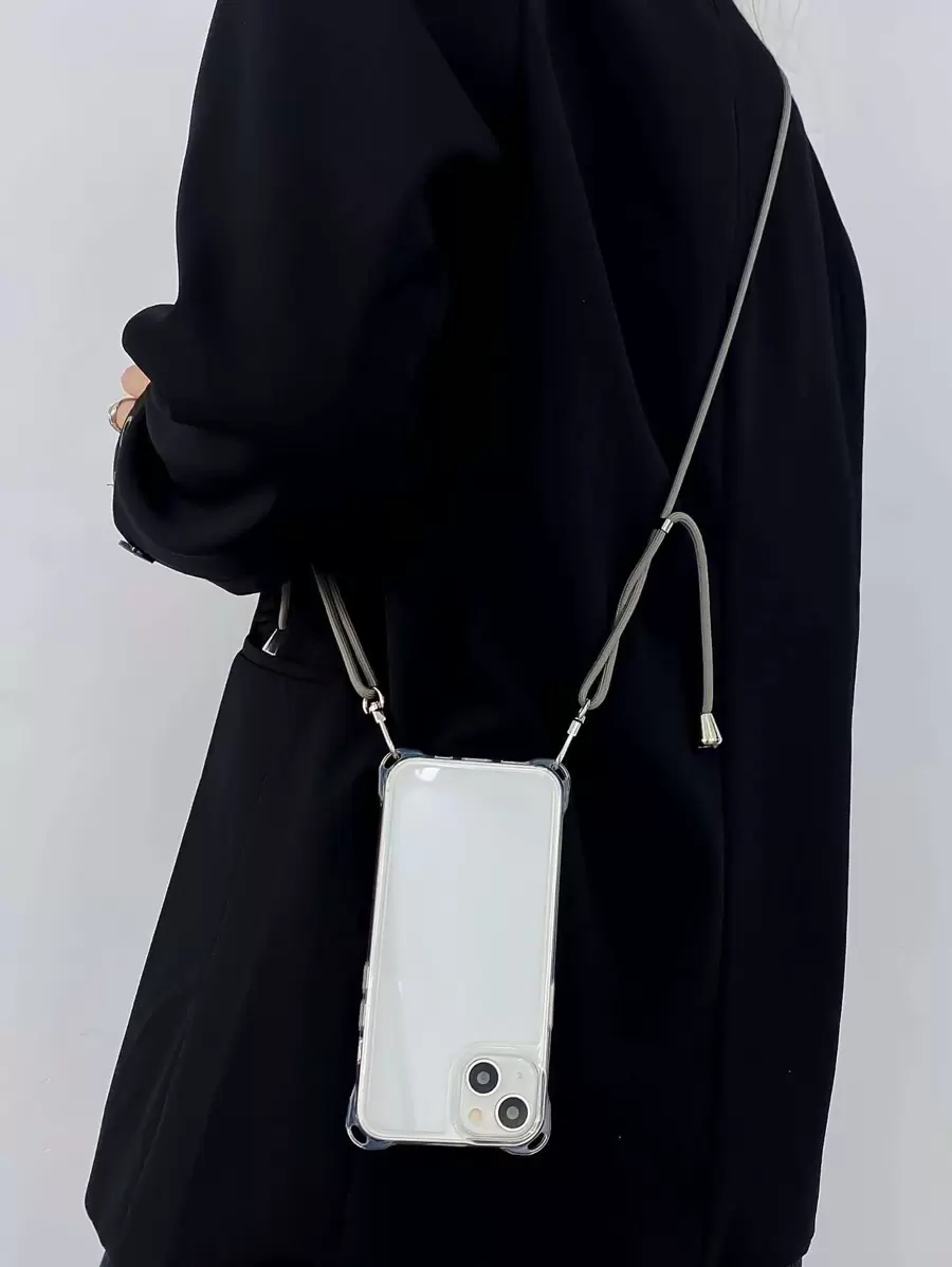 Apple 2-In-1 Four Corner Anti-Fall Hook Transparent PC Hard Shell Case + Gray Shoelace Crossbody Strap Compatible With Iphone 16/16 Pro/16 Plus/16 Pro Max Waterproof Shockproof Scratch Resistant