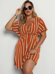 Calvaya Plus Striped Surplice Neck A-line Dress - Burnt Orange - View 1