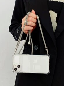 Apple 2-In-1 Four Corner Anti-Fall Hook Transparent PC Hard Shell Case + Gray Shoelace Crossbody Strap Compatible With Iphone 16/16 Pro/16 Plus/16 Pro Max Waterproof Shockproof Scratch Resistant