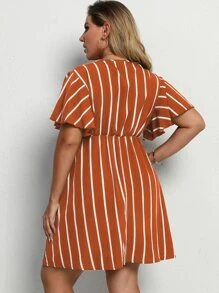 Calvaya Plus Striped Surplice Neck A-line Dress - Burnt Orange - View 2