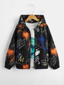 SHEIN 男孩潑墨和標語圖案插肩袖連帽夾克不帶T恤 - 彩色 - 查看 4