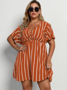 Calvaya Plus Striped Surplice Neck A-line Dress - Burnt Orange - View 4