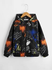 SHEIN 男孩潑墨和標語圖案插肩袖連帽夾克不帶T恤 - 彩色 - 查看 1
