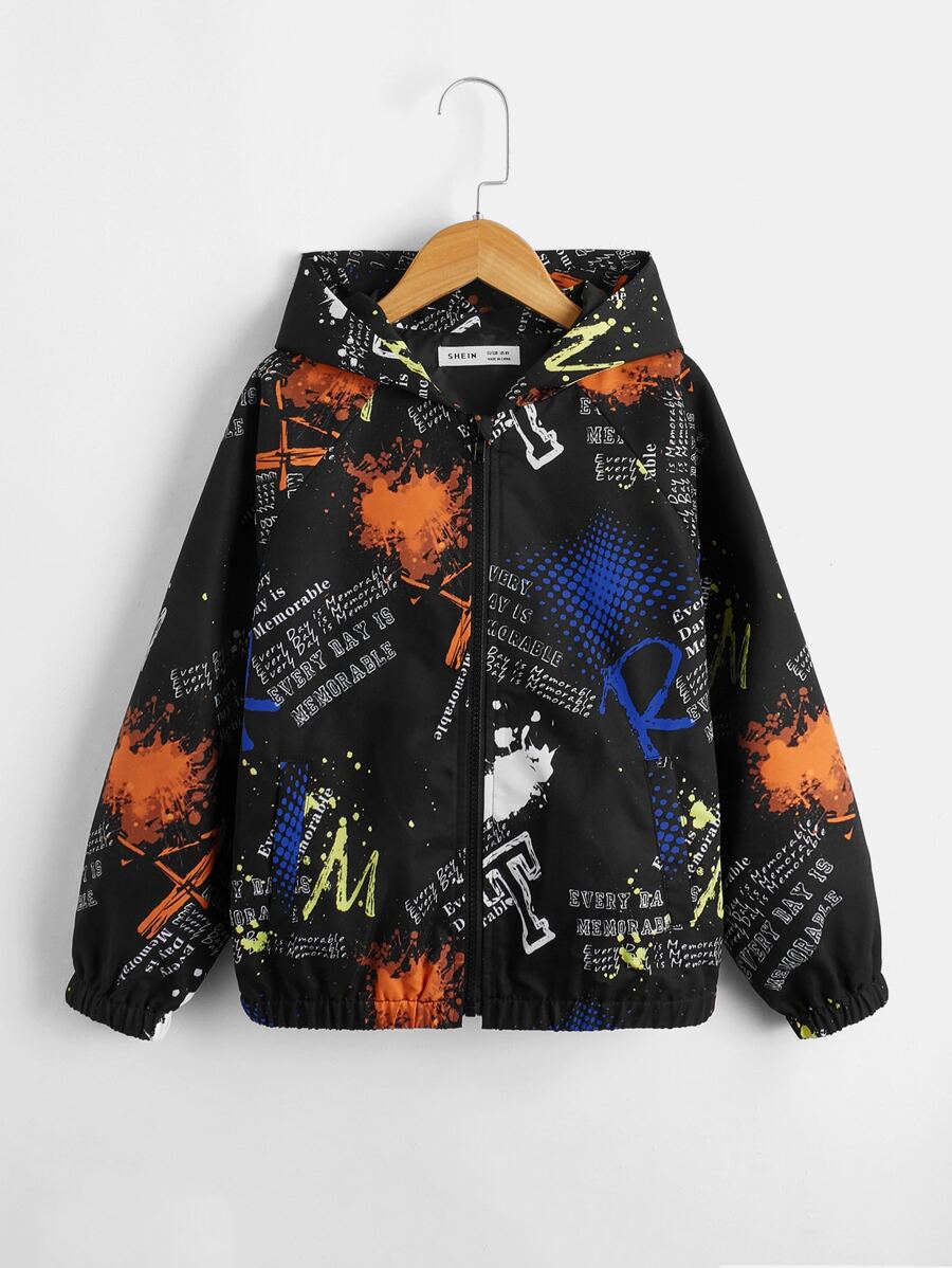 SHEIN 男孩潑墨和標語圖案插肩袖連帽夾克不帶T恤 - 彩色 - 查看 1
