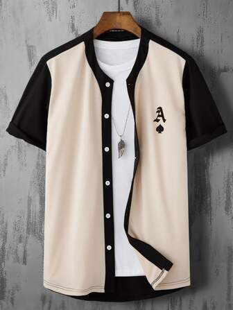 Manfinity Homme Men Color Block Playing Card Print Short Sleeve Button Up Collar Shirt Without Tee Baseball Shirt Menbaseball Shirtbaseball Jerseybaseball Jersey Men