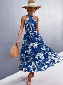 Vestido halter con estampado floral de espalda abierta con cordón con fruncido bajo con fruncido - Azul - Ver 1