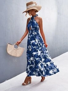 Vestido halter con estampado floral de espalda abierta con cordón con fruncido bajo con fruncido - Azul - Ver 5