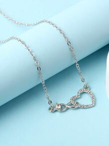 Rhinestone Heart Charm Necklace - Silver - View 5