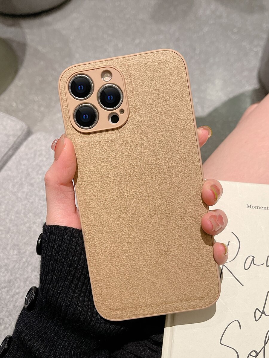 Leather Solid Color Beige Apple Solid Phone Case Compatible With IPhone15/15Plus/15Pro/15Promax Waterproof Shockproof Anti-Fall Scratch Resistant Pastel Spring Gift - Coffee Brown - View 1