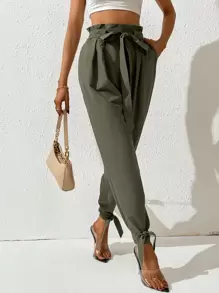 SHEIN LUNE Quần Cargo Túi Rút Màu Trơn Rộng Rãi Cho Nữ - xanh quân đội - Xem 3