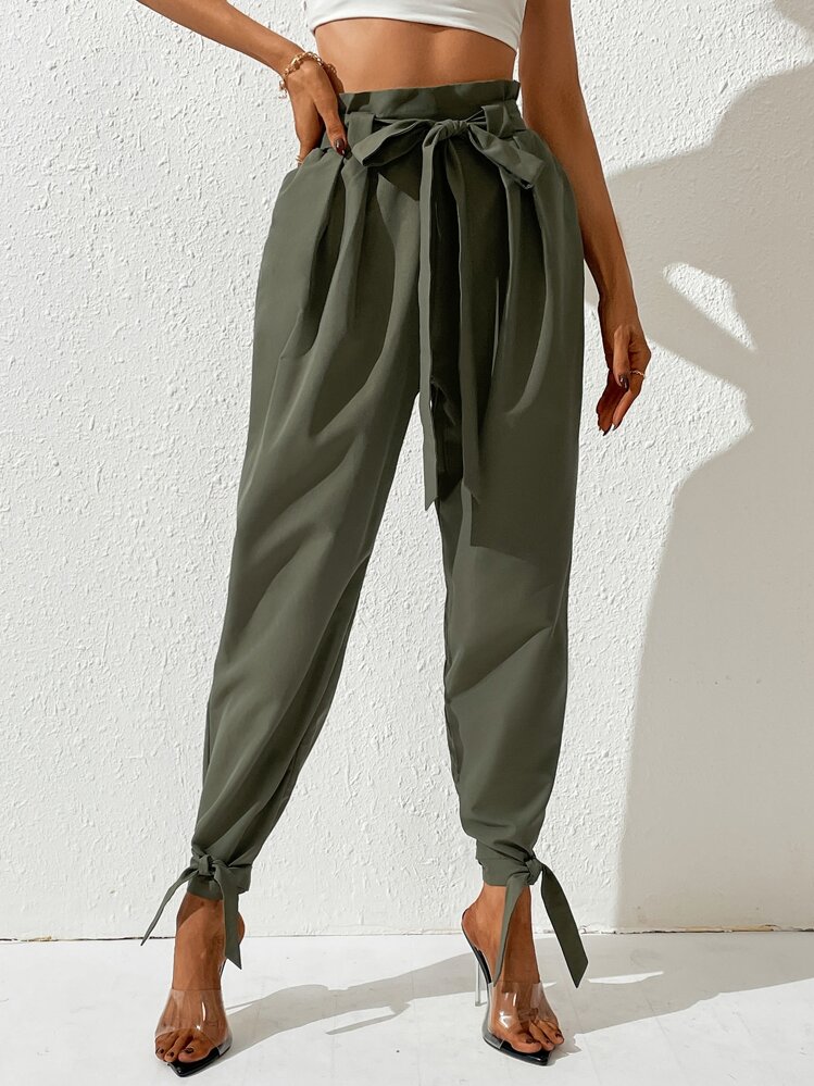 SHEIN LUNE Women's Loose Solid Color Pocket Drawstring Cargo Pants Fall Cloth For Women - Army Green - View 4