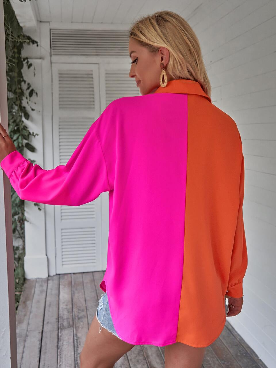Two Tone Drop Shoulder Shirt Fall Cloth For Women