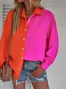 SHEIN LUNE 雙色落肩袖襯衫