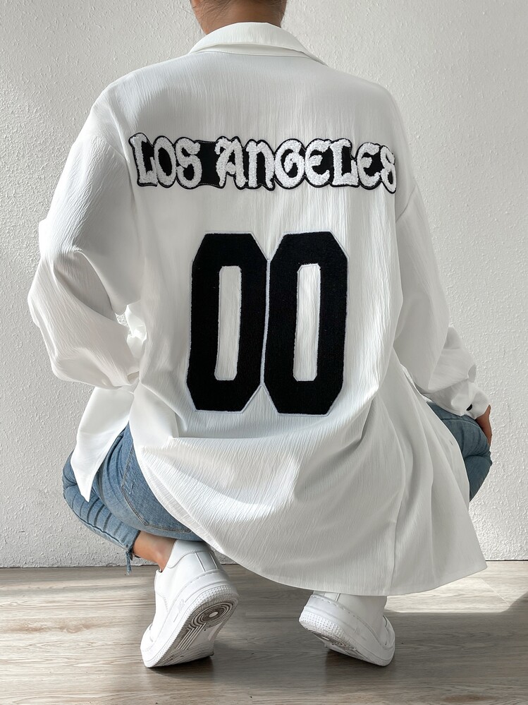 SHEIN Unity Letter Patched Drop Shoulder Shirt - White - View 1