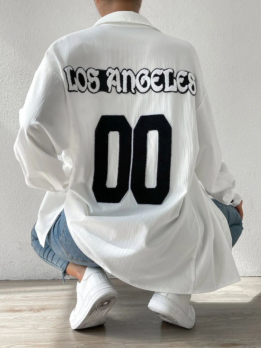 SHEIN Unity Letter Patched Drop Shoulder Shirt - White - View 1