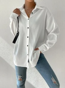 SHEIN Unity Letter Patched Drop Shoulder Shirt - White - View 4