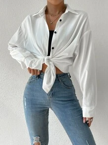 SHEIN Unity Letter Patched Drop Shoulder Shirt - White - View 6
