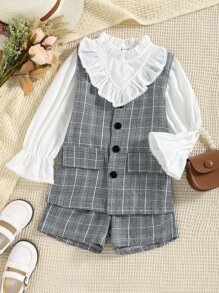 小女童格紋印花馬甲和荷葉袖襯衫和短褲 - 彩色 - 查看 1