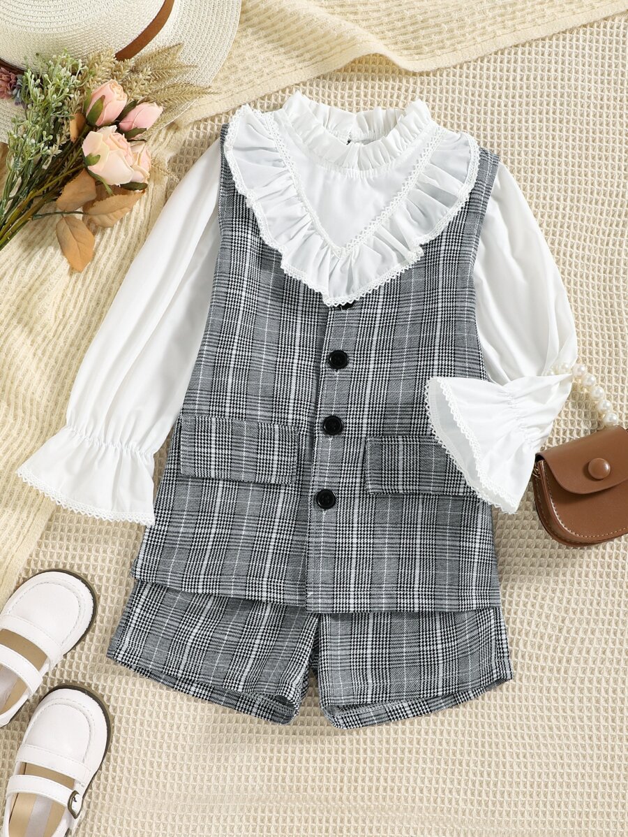 小女童格紋印花馬甲和荷葉袖襯衫和短褲 - 彩色 - 查看 1