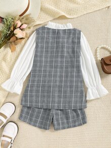 小女童格紋印花馬甲和荷葉袖襯衫和短褲 - 彩色 - 查看 2