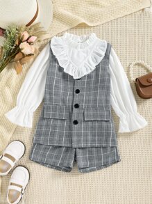 小女童格紋印花馬甲和荷葉袖襯衫和短褲 - 彩色 - 查看 3