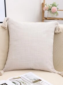 1入組流蘇裝飾素色靠墊套不附帶墊芯 - 米色 - 查看 1