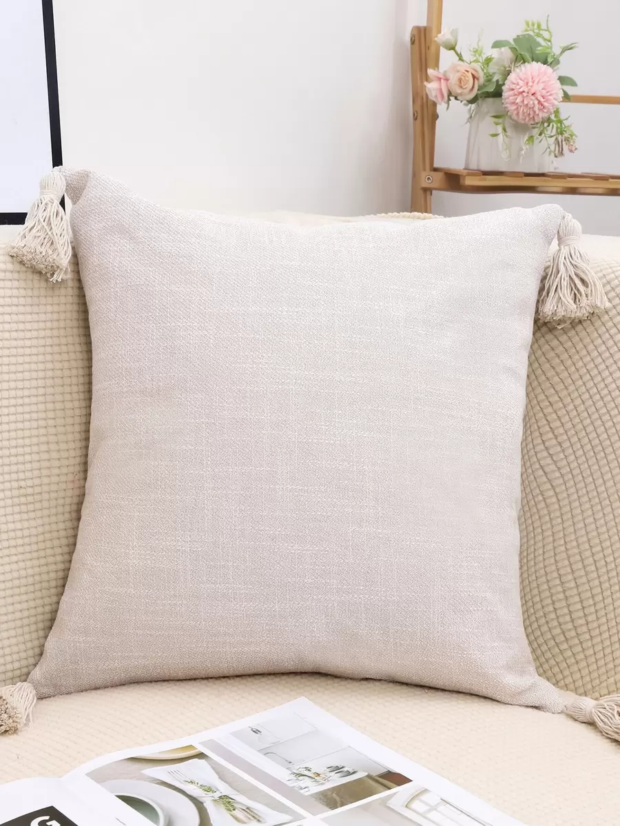 1入組流蘇裝飾素色靠墊套不附帶墊芯 - 米色 - 查看 1