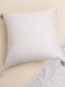 1入組流蘇裝飾素色靠墊套不附帶墊芯 - 米色 - 查看 2