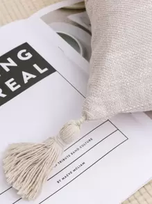 1入組流蘇裝飾素色靠墊套不附帶墊芯 - 米色 - 查看 4