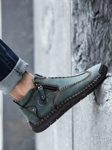 男士拉鏈細節手工製作靴子經典車縫線踝靴戶外休閒拉鍊鞋