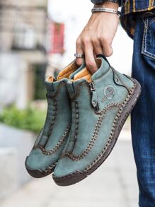 男士拉鏈細節手工製作靴子經典車縫線踝靴戶外休閒拉鍊鞋