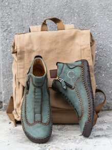 男士拉鏈細節手工製作靴子經典車縫線踝靴戶外休閒拉鍊鞋