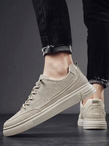 男士字母貼飾帆布前綁帶板鞋 - 卡其色 - 查看 1