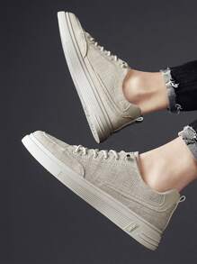 男士字母貼飾帆布前綁帶板鞋 - 卡其色 - 查看 2