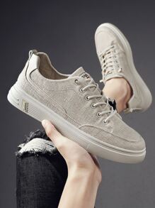 男士字母貼飾帆布前綁帶板鞋 - 卡其色 - 查看 3