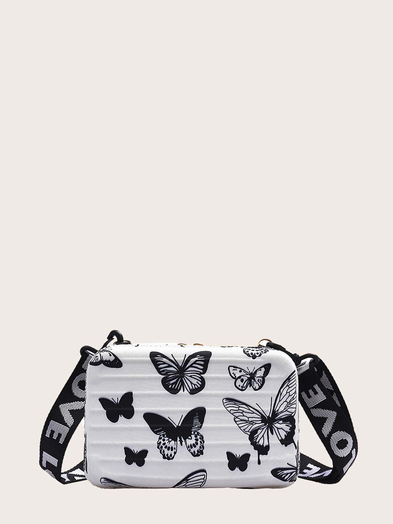 Girls Butterfly Graphic Letter Strap Box Bag, Butterfly Bag Valentines - Black and White - View 1
