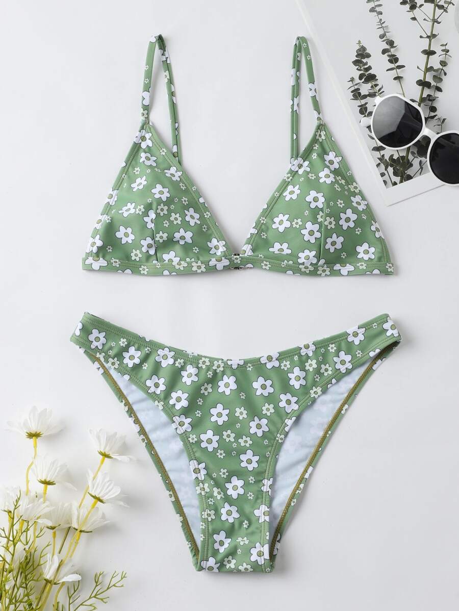 Bikini triangular con estampado floral para vacaciones de verano en la playa - Verde - Ver 1