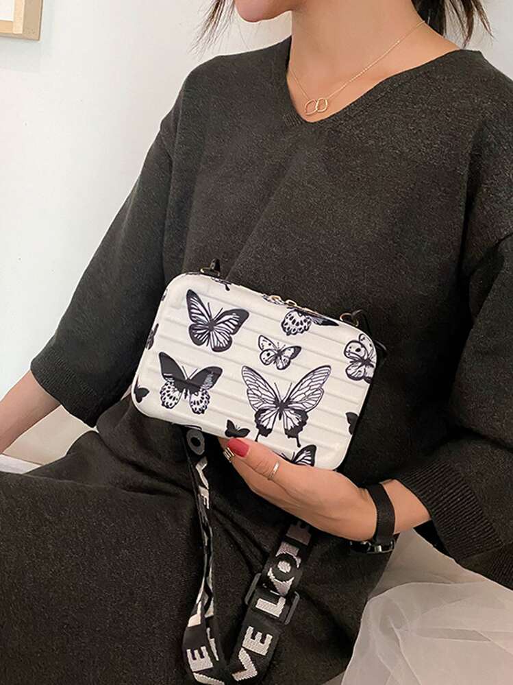 Girls Butterfly Graphic Letter Strap Box Bag, Butterfly Bag Valentines - Black and White - View 2